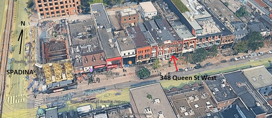 Aerial map showing the location of 348 Queen Street West at Queen Street West and Spadina Avenue